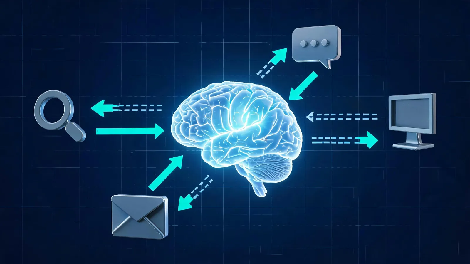 Central AI brain connected to marketing channels with data flows