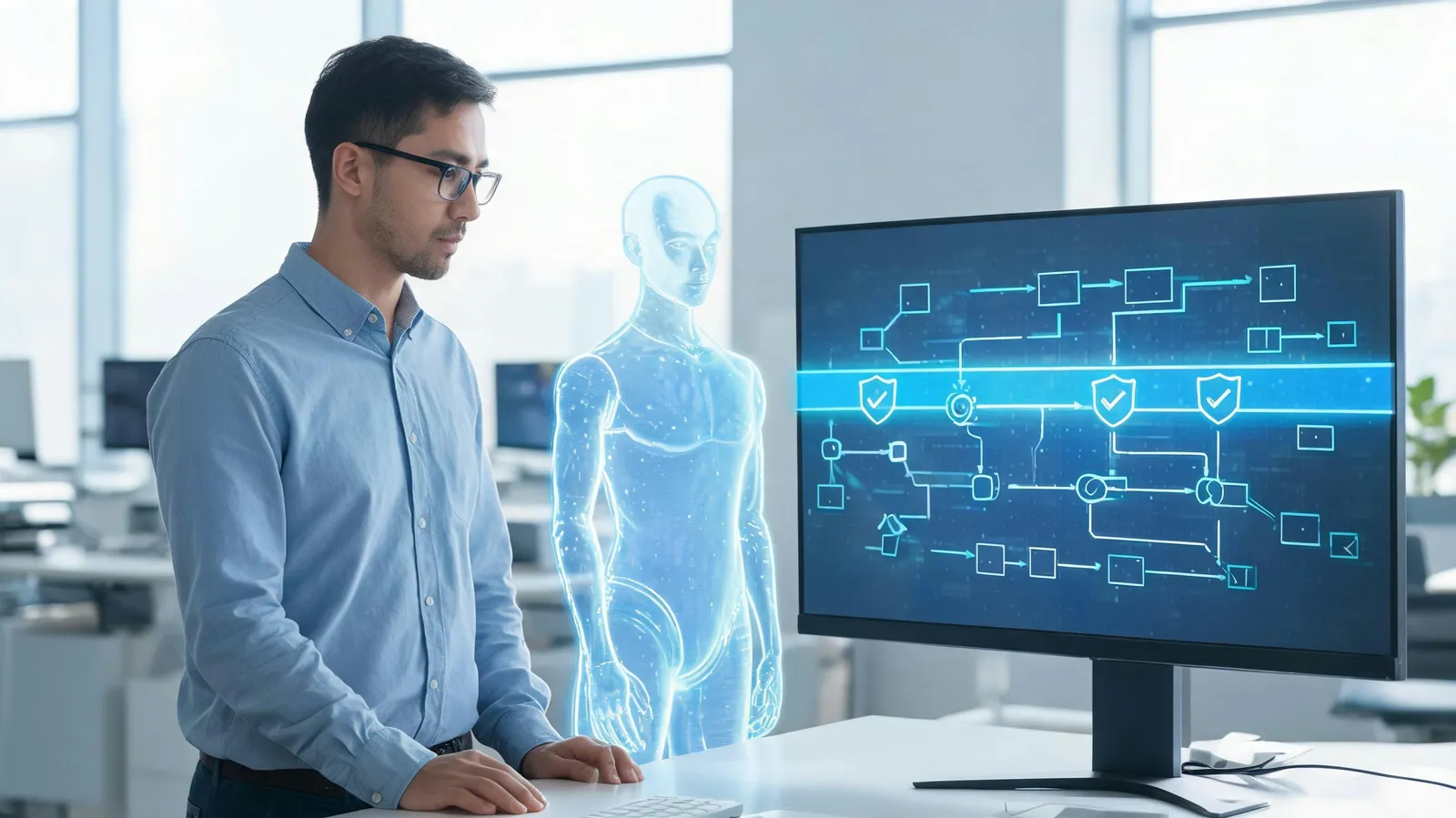 Human DevOps engineer and holographic AI agent with guardrail barrier