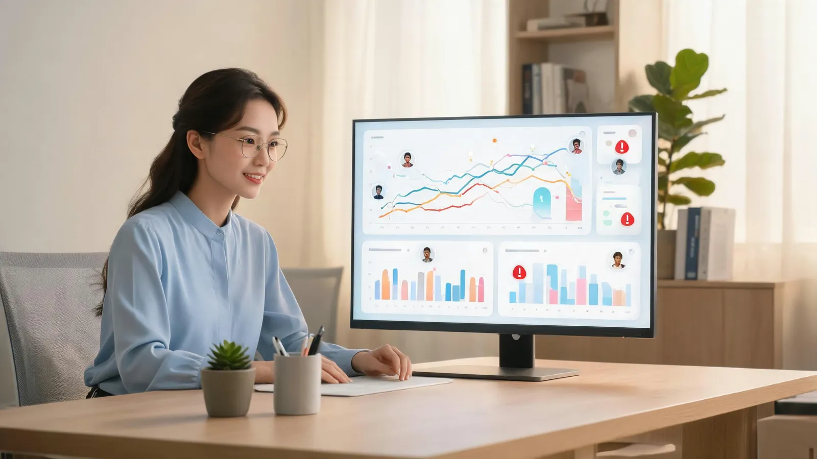 Teacher at desk looking at large monitor with student progress dashboard and AI study plan summaries