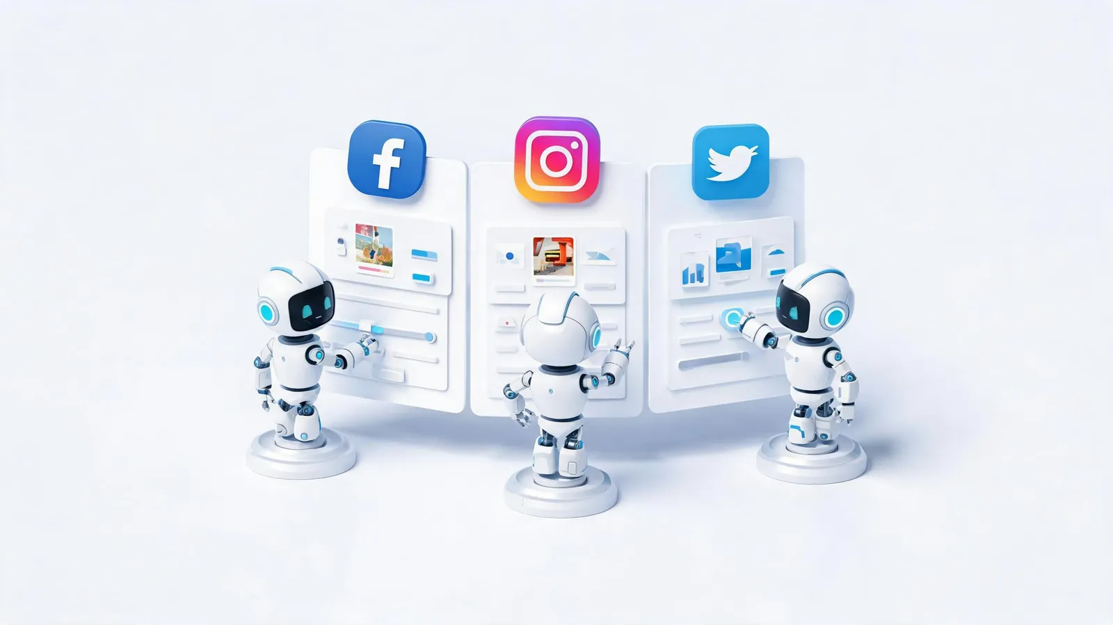 3D isometric illustration of social media ad manager with AI robot assistants