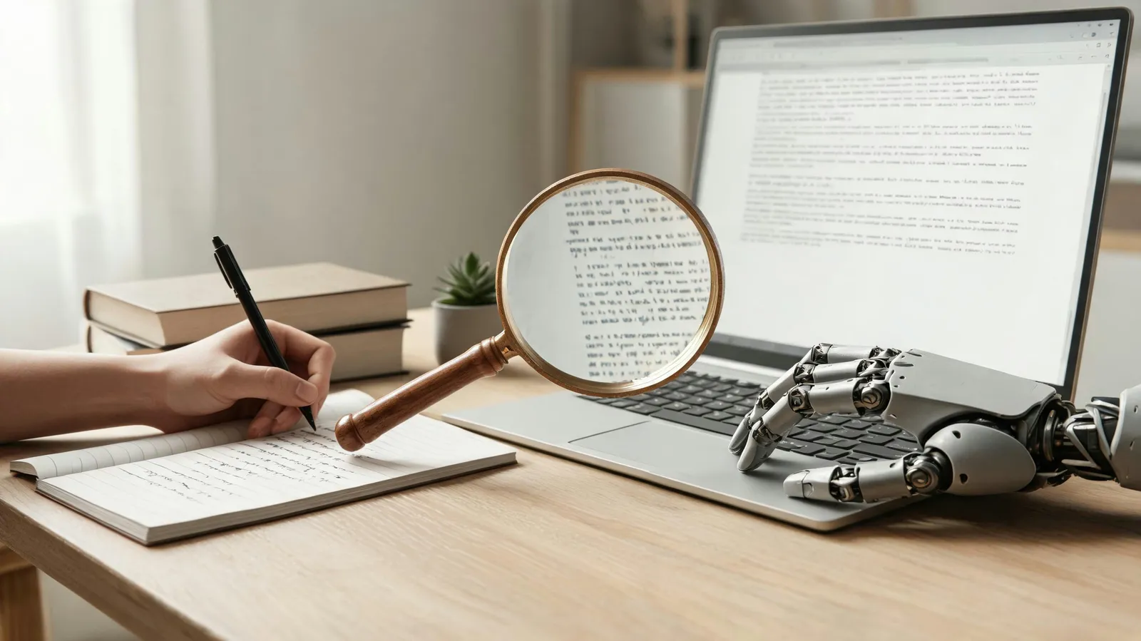 Split screen showing student writing and robot typing with magnifying glass